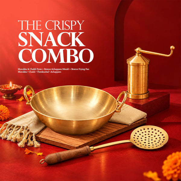 The Crispy Snack Combo – Brass Sevanazhi Murukku & Chakli Maker, Brass Cooking Ladle & Bronze Cheenachatti Kadai 8 Inch