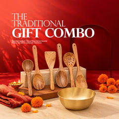 Traditional gift combo with pure bronze serving bowl and 6-piece neem wood spoon set by Ecocraft India