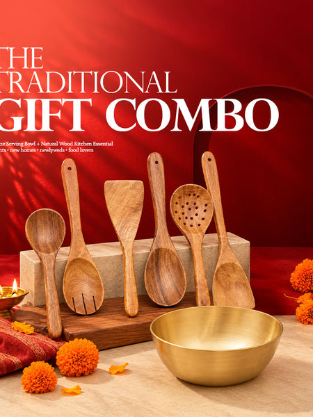 Traditional gift combo with pure bronze serving bowl and 6-piece neem wood spoon set by Ecocraft India