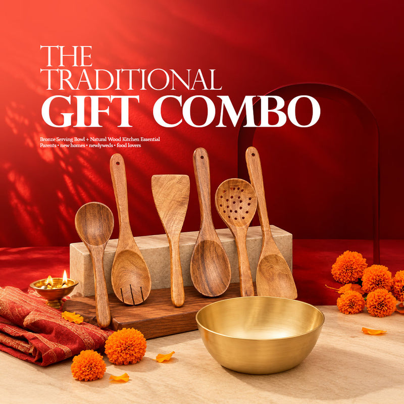Traditional gift combo with pure bronze serving bowl and 6-piece neem wood spoon set by Ecocraft India