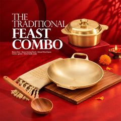 Traditional feast combo with bronze pana, lidded bronze serving handi and wooden spoon by Ecocraft India