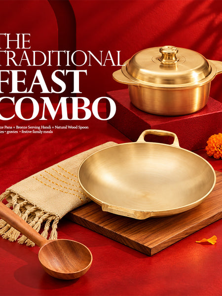 Traditional feast combo with bronze pana, lidded bronze serving handi and wooden spoon by Ecocraft India
