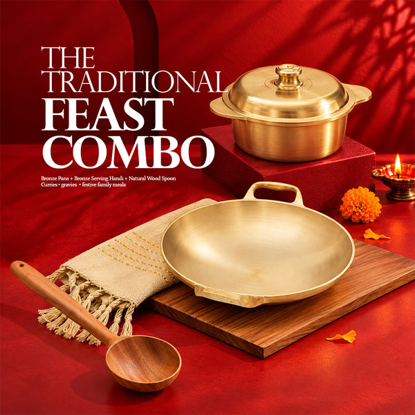 Traditional feast combo with bronze pana, lidded bronze serving handi and wooden spoon by Ecocraft India