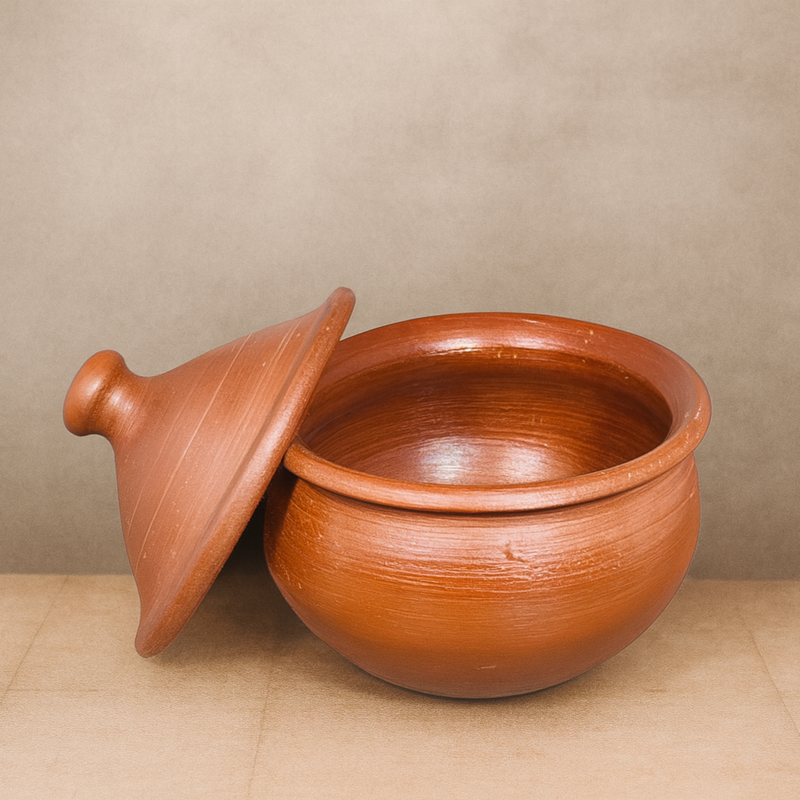 Ecocraft Handmade Unglazed Clay Serving Bowl with Lid – Traditional Earthen Bowl for Curries, Snacks & Yogurt