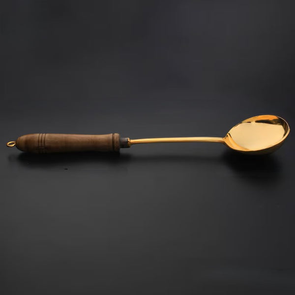Roll over image to zoom in  Brass Ladle with Wooden Handle – Premium Brass Cookware for Cooking, Serving, and Tableware (Kuli Karandi) – Gold Finish