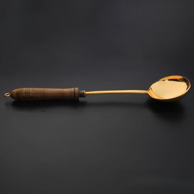 Roll over image to zoom in  Brass Ladle with Wooden Handle – Premium Brass Cookware for Cooking, Serving, and Tableware (Kuli Karandi) – Gold Finish