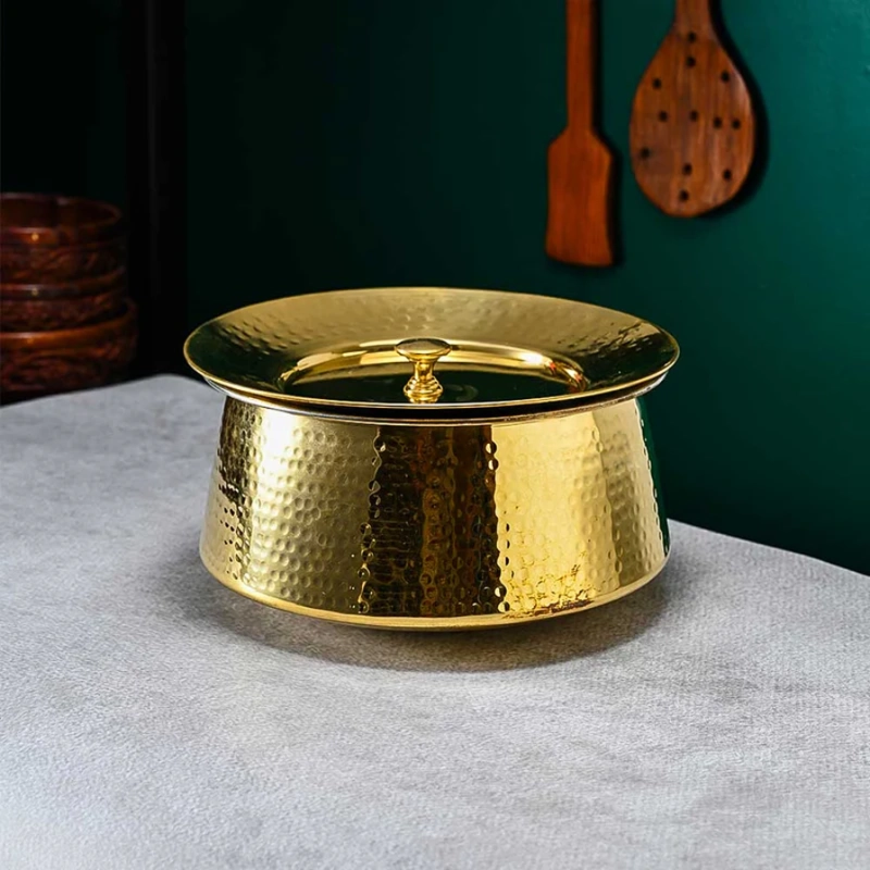 Ecocraft Handcrafted Brass Biryani Handi with Lid | Hammered Finish Curved Patila